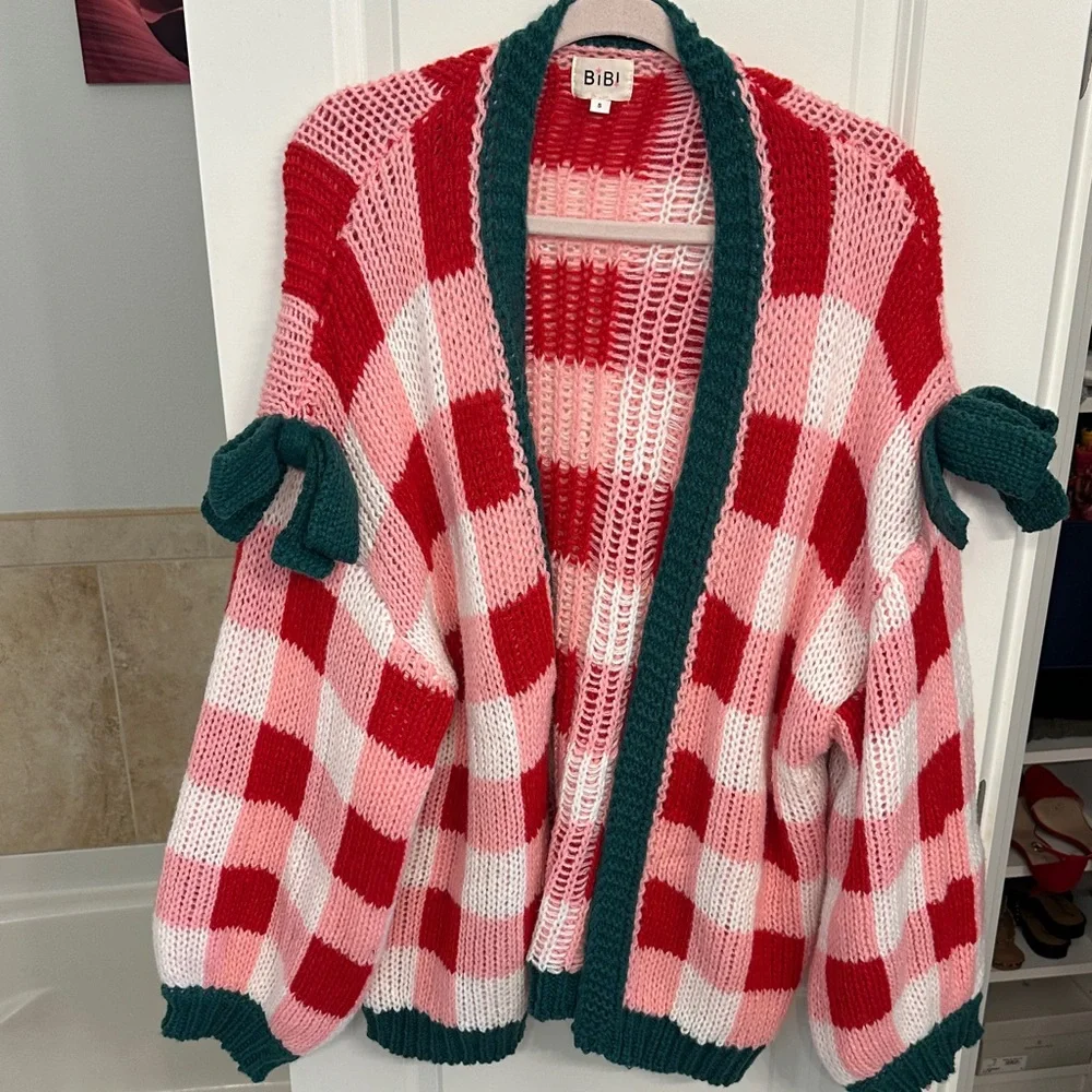 BiBi Red and Pink Checkered Cardigan with Green Trim - Picture 1 of 5